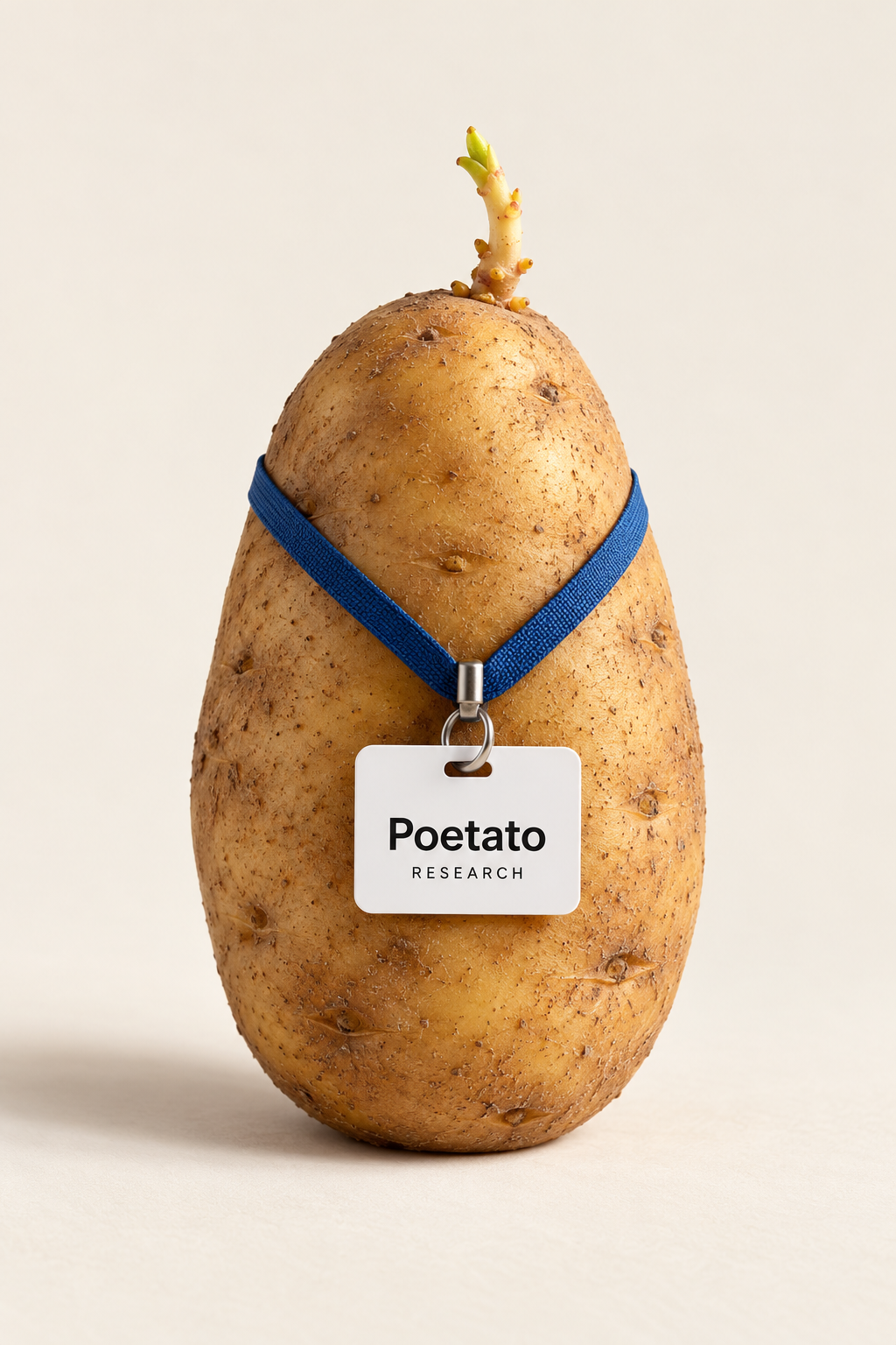 A raw potato with a small sprout, wearing a blue lanyard and a name badge reading Poetato, Research.